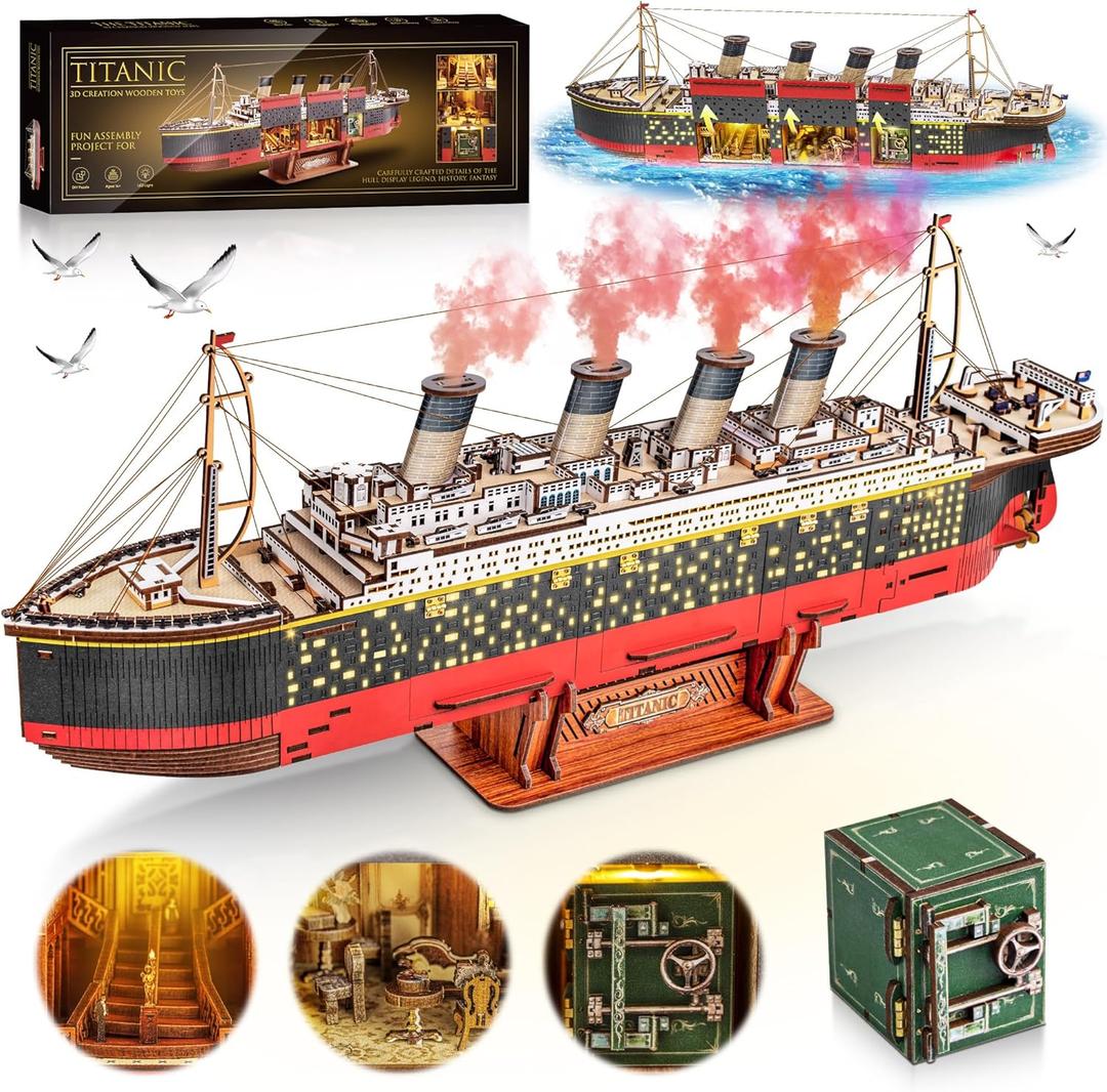 Titanic 3D Wooden Puzzles for Adult with LED Light, Home Decoration Titanic Model Kits for Adults, Sailboat Hobbies for Men, Christmas Birthday DIY Miniature Kit Gift for Adults Teens
