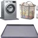 27x27inch Washer Drain Pan With Foldable Dirty Clothes Basket and Hook, Multi-function Non Slip Washer Drip Tray, With Raised Edge Washing Machine Silicone Mat, Soft Foldable Waterproof Pad, Grey