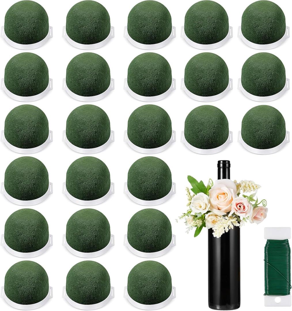 Tessco 24 Pcs Mini Floral Foam Holder Round Floral Foam with Green Arrangement Wire Arrangement Supplies for Table Wedding Wine Bottle Decor