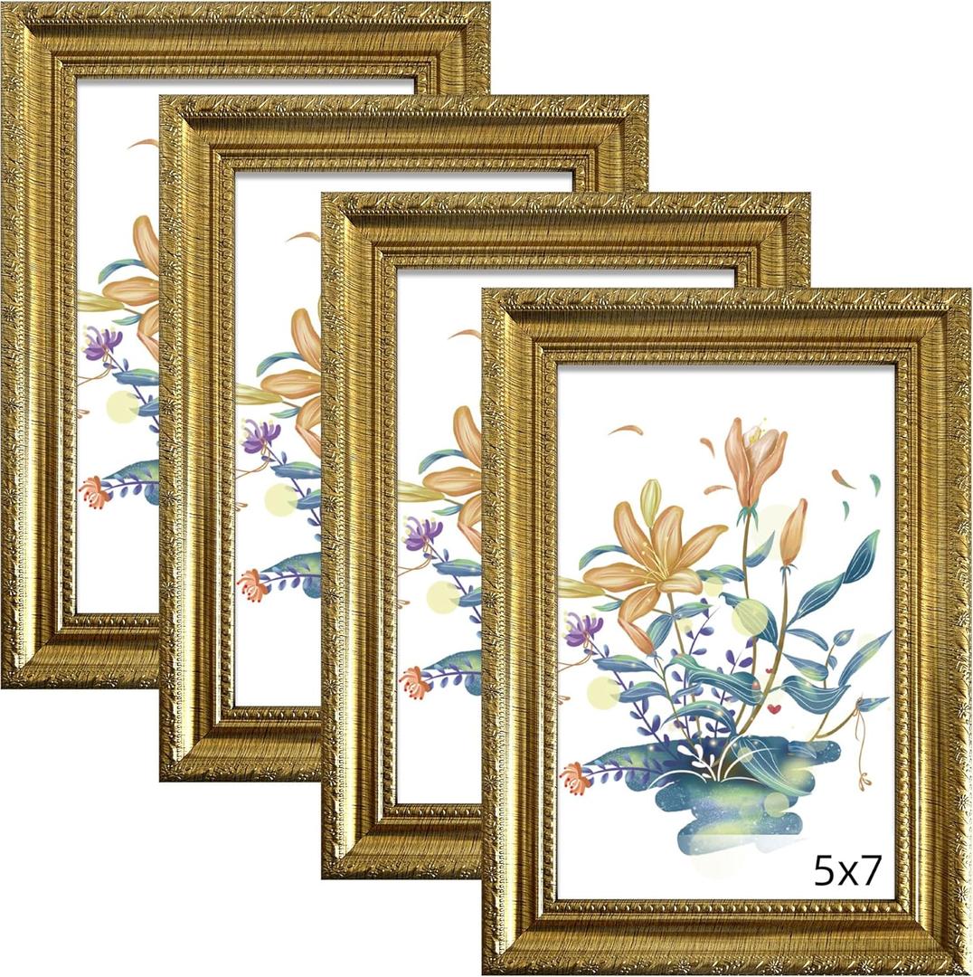 BESCRCL 5x7 Picture Frame Gold with Real Glass, Ornate Vintage 5 x 7 Photo Frames for Wall and Tabletop Display, Set of 4
