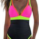popvil Women's One Piece 2025 Tummy Control Swimsuits Neon Color Block Swimwear Deep V Neck Slimming Bathing Suit (Large, Black&pink)