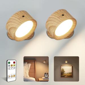 LED Wall Mounted Lights, Rechargeable Wall Sconces, 3 Color Temps, Remote & Touch, 360 Rotating and Dimmable for Bedroom, Bedside & Reading (Wood, 2 Pack)