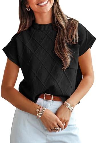 Saodimallsu Womens Summer Mock Neck Sweater Cap Sleeve Lightweight Sweater Vest Casual Loose Knit Pullover Tank Tops, Small