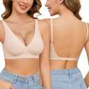 Yusongirl Seamless Low Back Bra Wireless Padded Bralette Thin Straps V Neck Halter Backless Cross Multiway Convertible Bras (Beige, L)