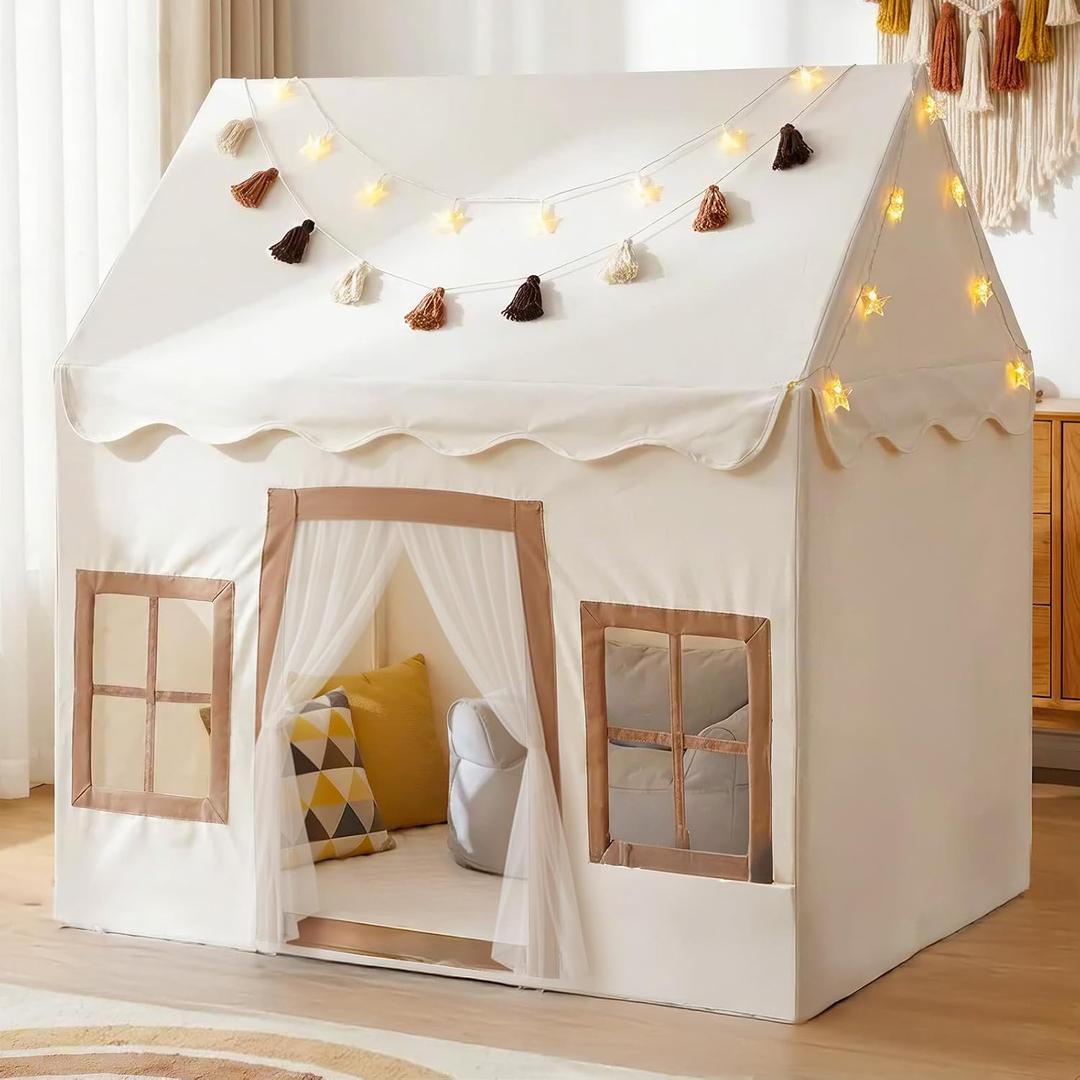 Little Dove Kids Play Tent with Mat, Kids Playhouse with 2 Windows, Star Lights & Tassel Garland, Indoor Outdoor Reading Nook, Machine Washable Cover, Gifts for Girls & Boys, 42" 27" 38", Beige