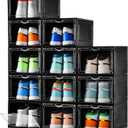Clemate Upgraded X-Large Shoe Storage Box, 12 Pack, Shoe Box Clear Plastic Stackable, Drop Front Shoe Box with Clear Door, Shoe Organizer Containers For Sneaker Display, Fit up to US Size13, Black