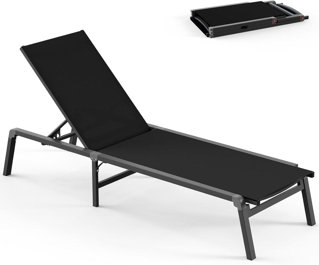 Foldable Lounge Chair Outdoor, Aluminum Pool Lounge Chairs with 5 Positions Recliner - No Assembly - Patio Chaise Lounge Chair for Outside, Poolside (Black) (1 Pack)