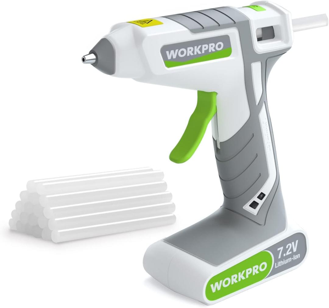 WORKPRO 7.2V Cordless Hot Melt Glue Dispenser, Rechargeable Fast Preheating Glue Dispenser Kit with 20 Pc Premium Mini Glue Stick, Automatic-Power-Off for Art, Craft, Decoration, USB Type-C Cable Included (White)