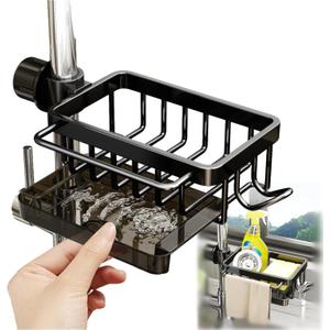 Sink Organizer Rack for Kitchen and Bathroom, 2025 New Stainless Steel Detachable Hanging Faucet Drain Rack with Drip Tray Faucet Sponge Holder for Bathroom (Black, Right)