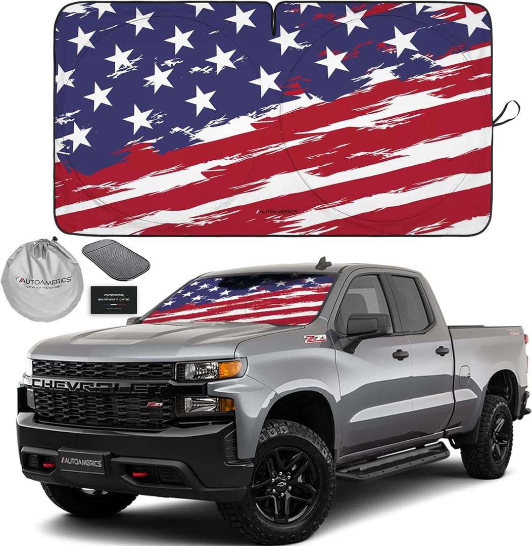 Autoamerics 1-Piece Windshield Sun Shade USA Art Flag - 2 American Design - Foldable Car Front Window Sunshade for Most Sedans SUV Truck - Blocks Max UV Rays and Keeps Your Vehicle Cool - Large (LARGE = 64 x 33.5 inches)