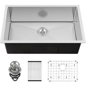 33-inch Undermount Kitchen Sink - SINKVINE Single Bowl Stainless Steel Kitchen Sink, Large Size Handmade Basin with 3.5-inch Drain Strainer, Bottom Grid Protector, Roll-up Drying Unit, 33" x 19" x 9"