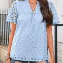 Womens Summer Tops V-Neck Short Sleeve Shirts Dressy Casual Babydoll Blouses Embroidered Eyelet Flowy Boho Clothing (XL)