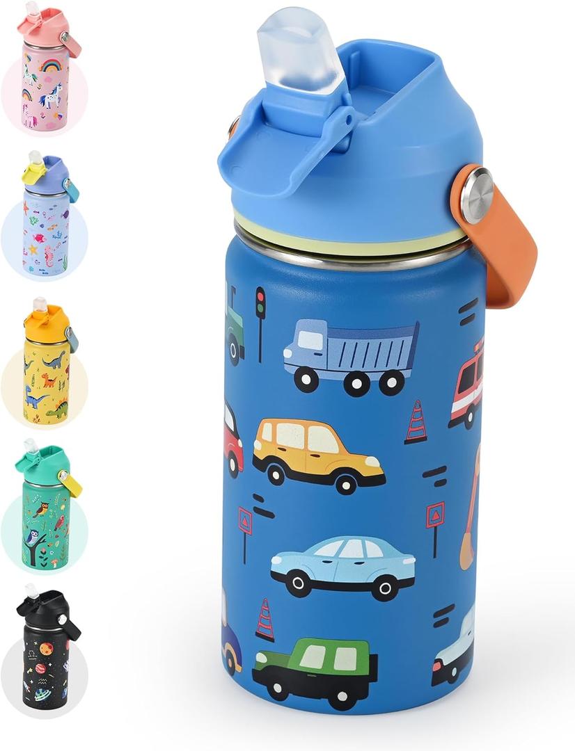 Kids Water Bottle 14oz with Silicone Straw Lid - Insulated Toddler Water Bottle Stainless Steel Keeps Cold 24H, Leak Proof & Cars Trucks Prints Design | Custom Name Tag for School, Daycare, Travel
