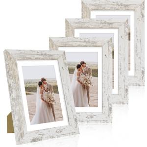 Hongkee 5x7 Picture Frame Set of 4, Made of Real Glass and Distressed White Wooden Frame, 5 by 7 Photo for Wall or Tabletop - Display Picture 4x6 with Mat or 5x7 Without Mat