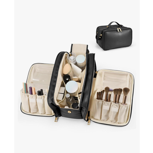 Travel Makeup Bag Women's Large Capacity Cosmetic Portable Organizer Large Opening Waterproof Storage Toiletry Bags Vertical Free-Standing Brush Holder for Easy Access Black