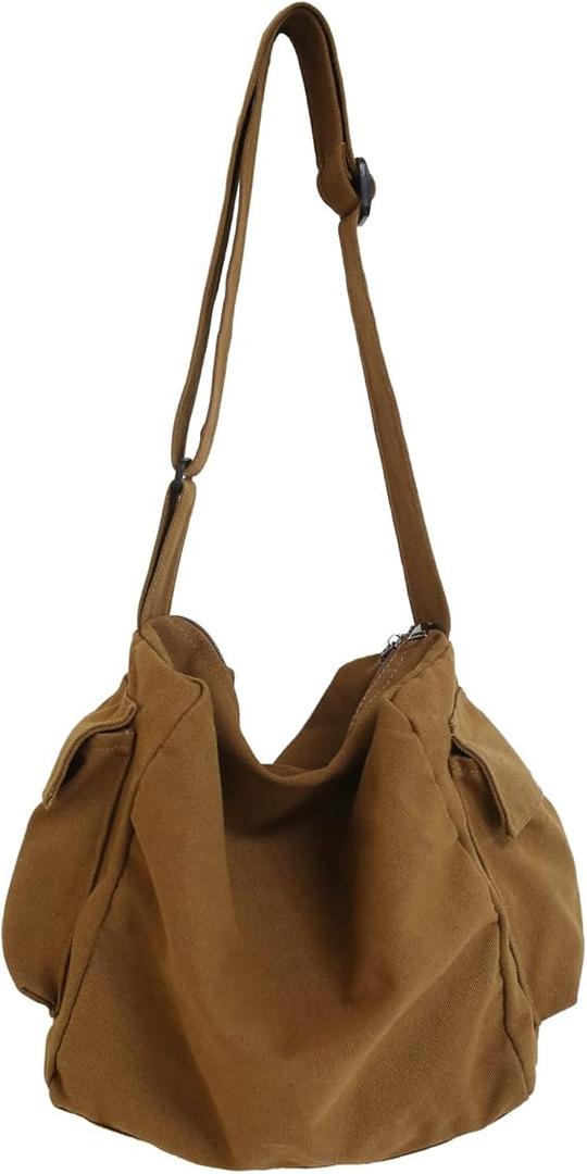KlaOYer Canvas Messenger Bag Large Hobo Bag Crossbody Shoulder Bag Tote Bag with Pocket for Women and Men, Coffee