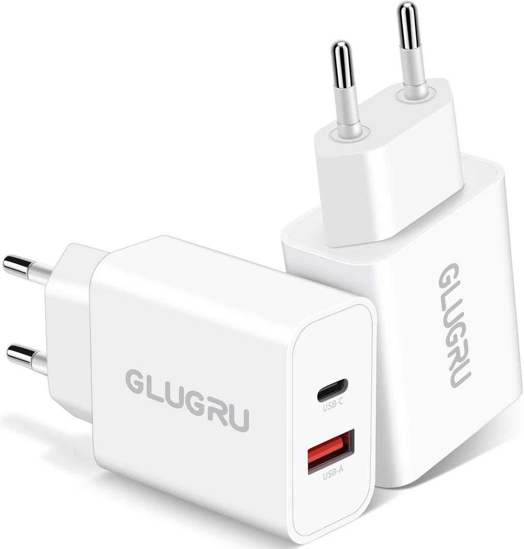 European Travel Plug Adapter, GLUGRU 2-Pack 20W Dual Port USB C Wall Charger Type C Fast Charging Block International Power Adapter US to Europe for iPhone 17 16 15 14 13 12 11 Pro Max, iPad, Galaxy