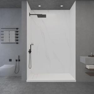 WOODBRIDGE Solid Surface 36"W  36"D  96"H 3-Piece Shower Wall Panel Surround Kit, Carrara White, Trimmable, Quick Install