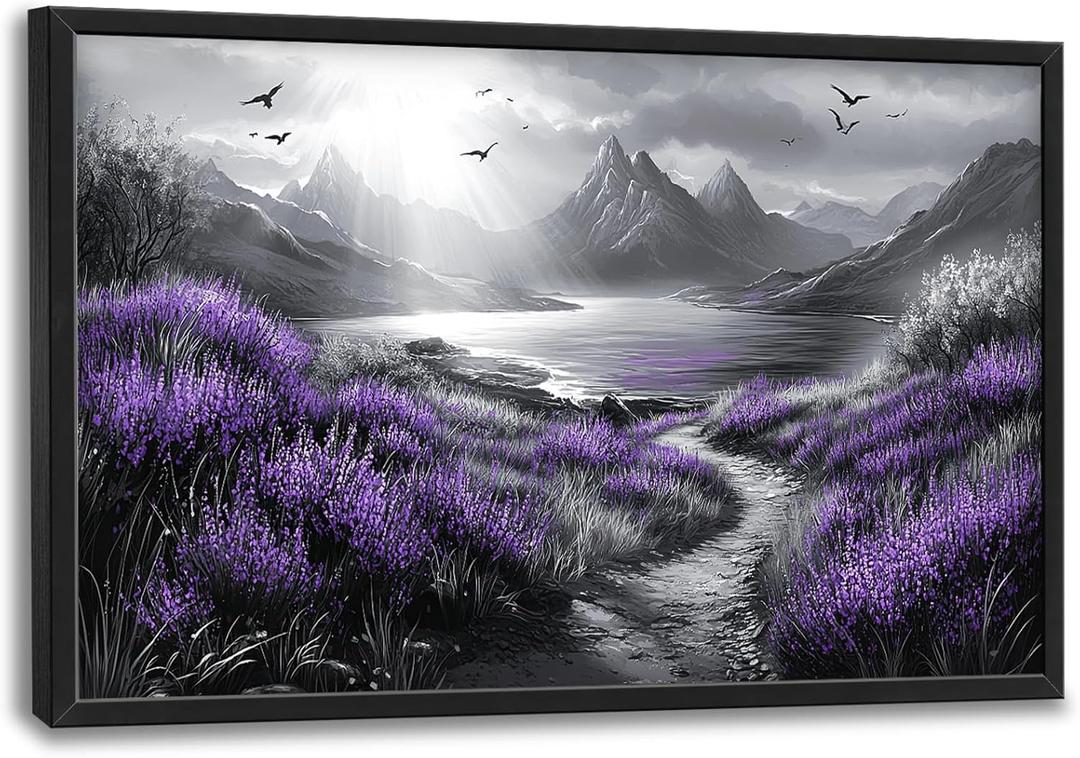 Olivine Large Wall Art, Landscape Pictures Wall Decor, Black And White Mountain Painting, Purple Nature Scenery Canvas Prints, Framed Artwork for Living Room Bedroom Bathroom Office Home 36"x24"