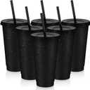 Uiifan 6 Pcs 24 oz Reusable Tumbler with Lids and Straws Plastic Iced Coffee Tumbler Glitter Travel Mug Cup for Smoothie Juices Birthday Party Cold Drink Coffee Cup Bulk for Adult Kid Women (Black)
