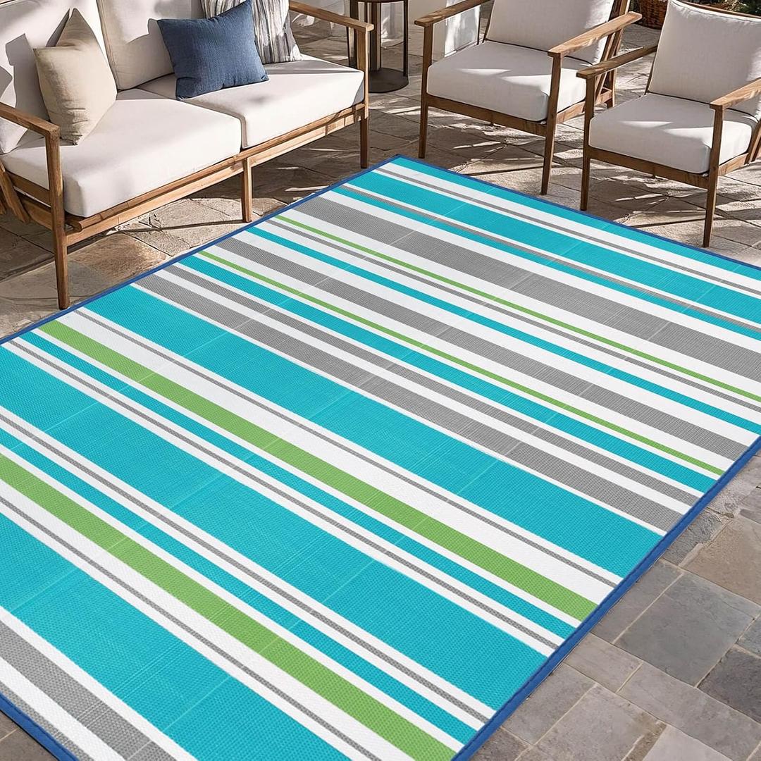 Outdoor Patio Plastic Rug Waterproof - Outdoor Rugs for Camper Outside, Rv, Porch Deck Rug Clearance, Area Carpet for Outside, Balcony, Patio Decor, Turquoise & Grey, 5x8 ft