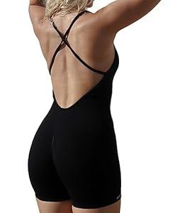 AUROLA Strappy Romper for Women Workout Yoga Gym Seamless One Piece Jumpsuit Tummy Control Padded Sports Bra (Black, L)