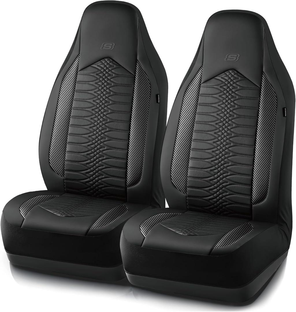 Skechers Memory Foam Car Seat Covers, Leather High Back Seat Covers Quilting Design,Waterproof Sports Car Seat Covers Front Seats,Airbag Compatible Universal Fit for Most Cars, SUVs,Trucks,Black