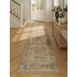 FMFUNCTEX 2x10 Runner Rug Brown Washable Vintage Neutral Distressed Non Slip Low Pile Indoor Carpet Retro Floral Hallway Entryway Rug for Kitchen Living Room Bedroom Bathroom Laundry Entry Bedside
