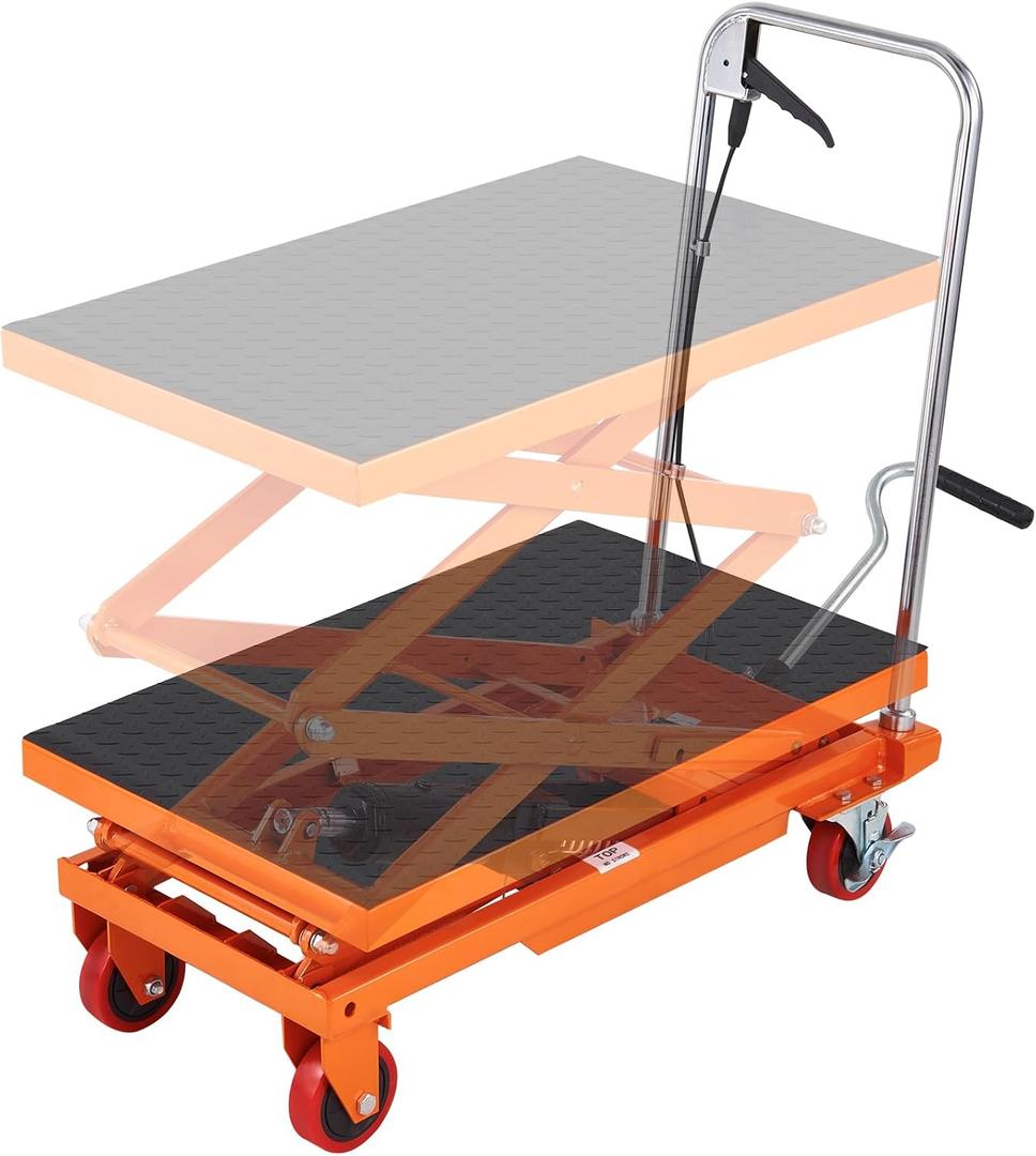 VEVOR Hydraulic Lift Table Cart, 330 lbs Load Capacity, 50-Inch Lifting Height, Manual Single Scissor Lift Table with Non-Slip Pad and 4 Wheels, Orange, Alloy Steel