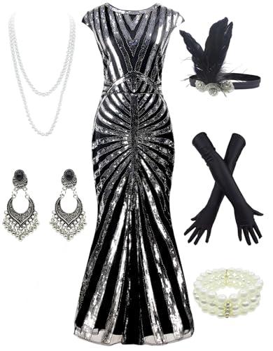 Women 1920S Gatsby Sequin Mermaid Formal Evening Dress with 20s Accessories Costume (L, Black Silver)