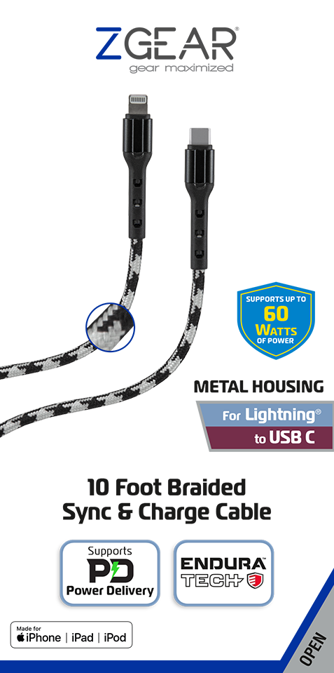 ZGear 10 Foot Braided Sync & Charge Cable - Black/White