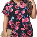 MCEDAR Women's Plus Size Chiffon Blouse Short Sleeve Split V Neck Floral Casual Summer Dressy Work Tops, XL