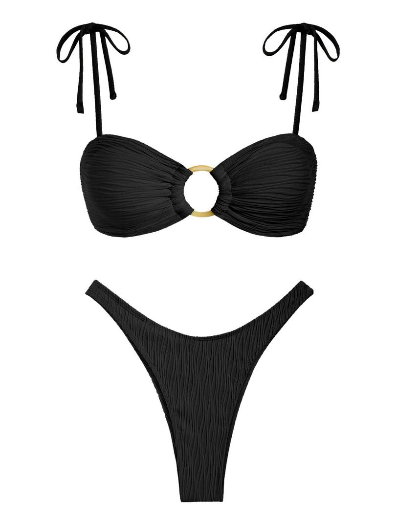 ZAFUL Women's Bandeau Bikini Tie Shoulder O Ring Cheeky Swimsuit (Black, XL)