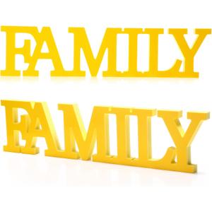 Wooden Family Sign Wall Art Decor Wood Home Decoration Signs Rustic with Stylish Family Letter for Kitchen Living Room Bedroom Shelf Mantel Fireplace Table Centerpiece(Yellow)