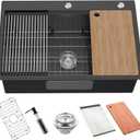 Black Kitchen Sink Workstation, 33x22 Inch Stainless Steel Drop In Kitchen Sink Modern Large Single Bowl Kitchen Sink Gift Combo-SS Grid,Drying Rack,Cutting Board,Soap Dispenser, Drain Strainer Set