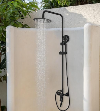 Matte Black Exposed Shower System 8 Inch Rainfall Shower Head 3 Functions Wall Mounted Outdoor Shower Fixtures Stainless Steel Bathroom Shower Set