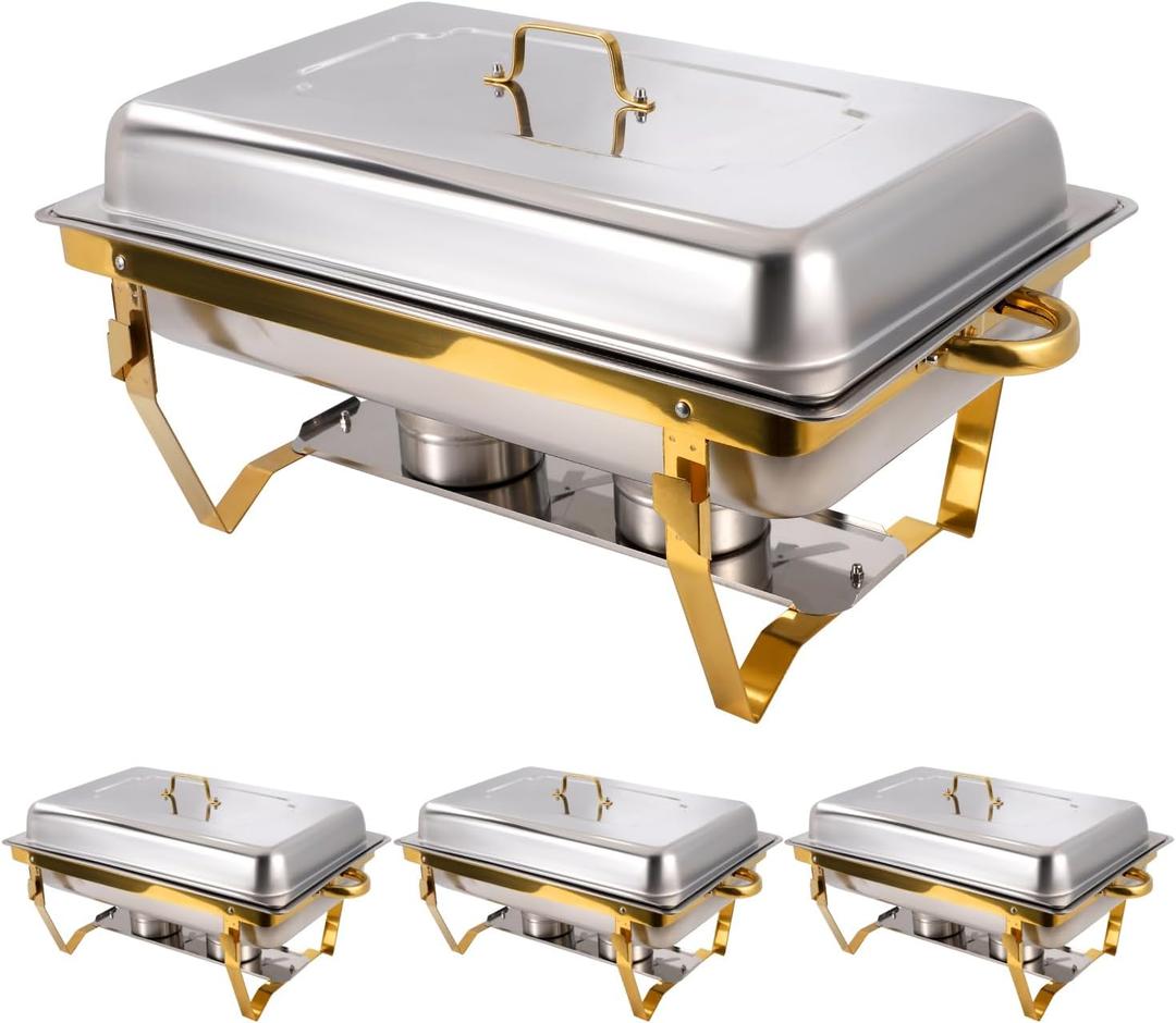 4 Pack Chafing Dishes for Buffet, Rectangle Stainless Steel Chafing Dish Buffet Set 8 QT Elegant Food Chafer Buffet Servers and Warmers for Parties Wedding Birthday Hotel Catering Supplies Display