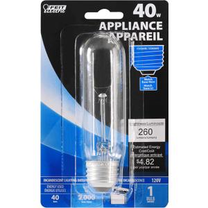 Feit Electric BP40T10/RP 40 Watt Clear T10 Dimmable Incandescent Appliance Light Bulb, 2500K Soft White, 5" H x 1.3" D