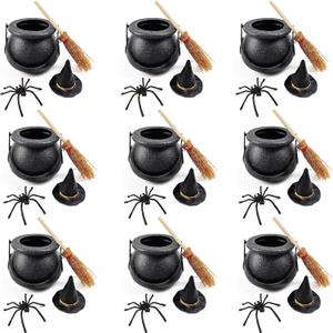 ROYHOO 48PCS Halloween Mini Witch Cauldron Set- 12 Pack Small Plastic Black Candy Cauldron with Spider, Broom, Witch Hat for Halloween Dollhouse Craft Accessories Table Decoration Supply