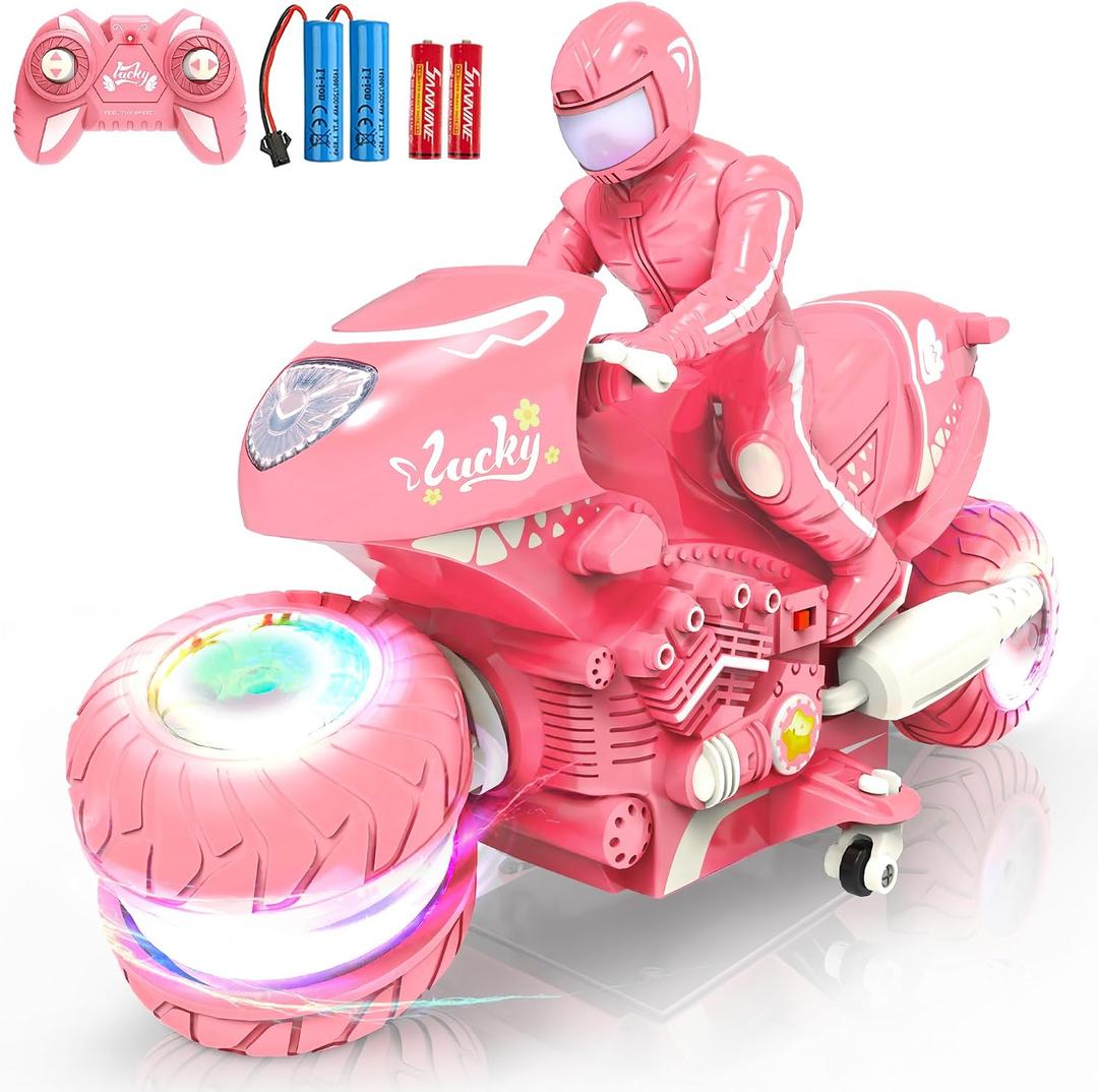 Remote Control Motorcycle for Girls with RGB Wheels Lights, RC Motorbike Toy, 360 Rotations, 55 Min Play, Stunt Motocross with Rider, 2.4Ghz RC Dirt Bike Birthday Xmas for Girls 4-12 (Pink)
