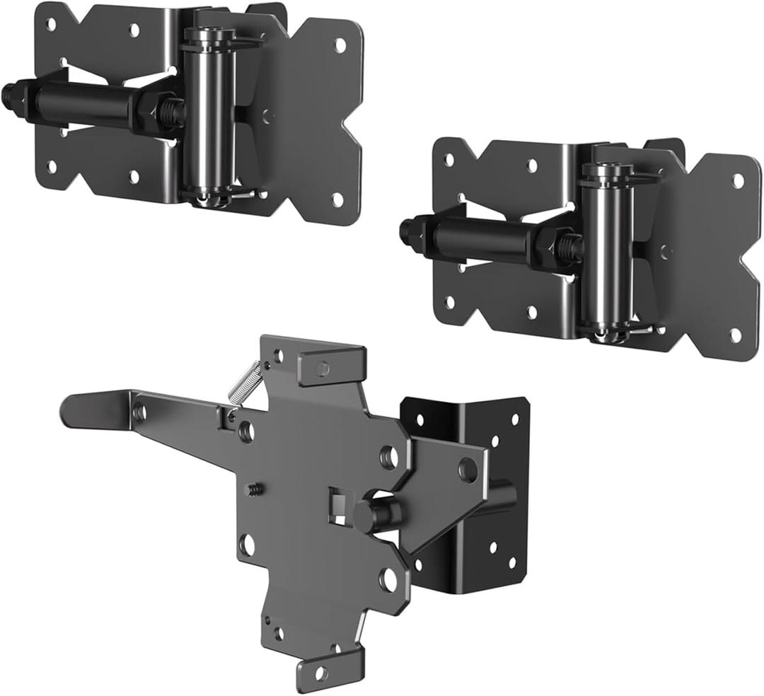 Set of self Closing Fence Gate Hinge and Latch for Single gate - Carbon Steel - Powder Coated - Easy to Install