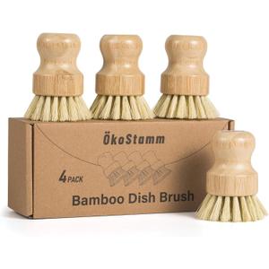4 Pack Bamboo Dish Brush, Dish Scrubber Brush with Sisal Bristle, Natural Scrub Brush for Kitchen Cleaning Dishes, Pots, Pans, Bottles, Vegetables