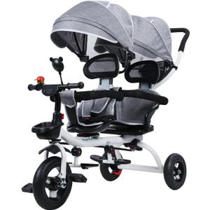 Kids Tricycle,Tandem Trike Tandem Tricycle with Double Seat and Canopy, Anti-Rollover Rubber Wheel Double Baby Stroller Daycare Trike Toy for Boy and Girl Gifts,Preschool Playground Equipment Grey