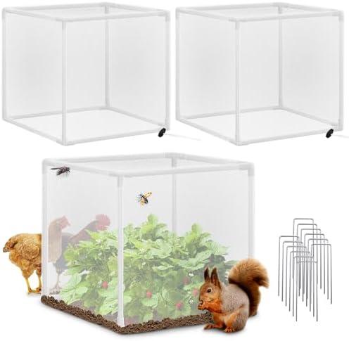Verdanzia 3 Pack Plant Protectors from Animals, 13.8" X 13.8" Detachable Plant Cages for Outdoor Plants with Netting, Square Plant Cages to Keep Animals Out with Ground Stakes (White)