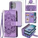 Asuwish Phone Case for Motorola Moto G 5G 2023 Zipper Wallet Magnetic Detachable Cell Cover with Tempered Glass Screen Protector Crossbody Strap Mandala Flower Card Holder G5G G5 Women Girls Purple