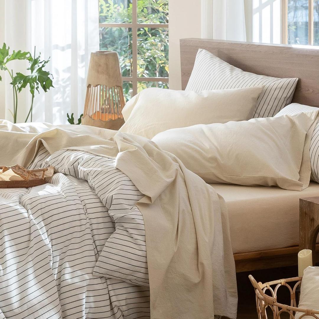 MooMee Bedding Sheet Set 100% Washed Cotton Linen Like Textured Breathable Durable Soft Comfy (Heathered Almond Milk Grey, King)