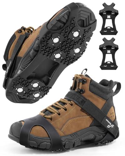 Sportneer Crampons： Ice Cleats for Shoes and Boots with 28 Spikes - Traction Slip-on Stretch Footwear for Walking and Shoveling on Ice and Snow - Lightweight for Women and Men, Black
