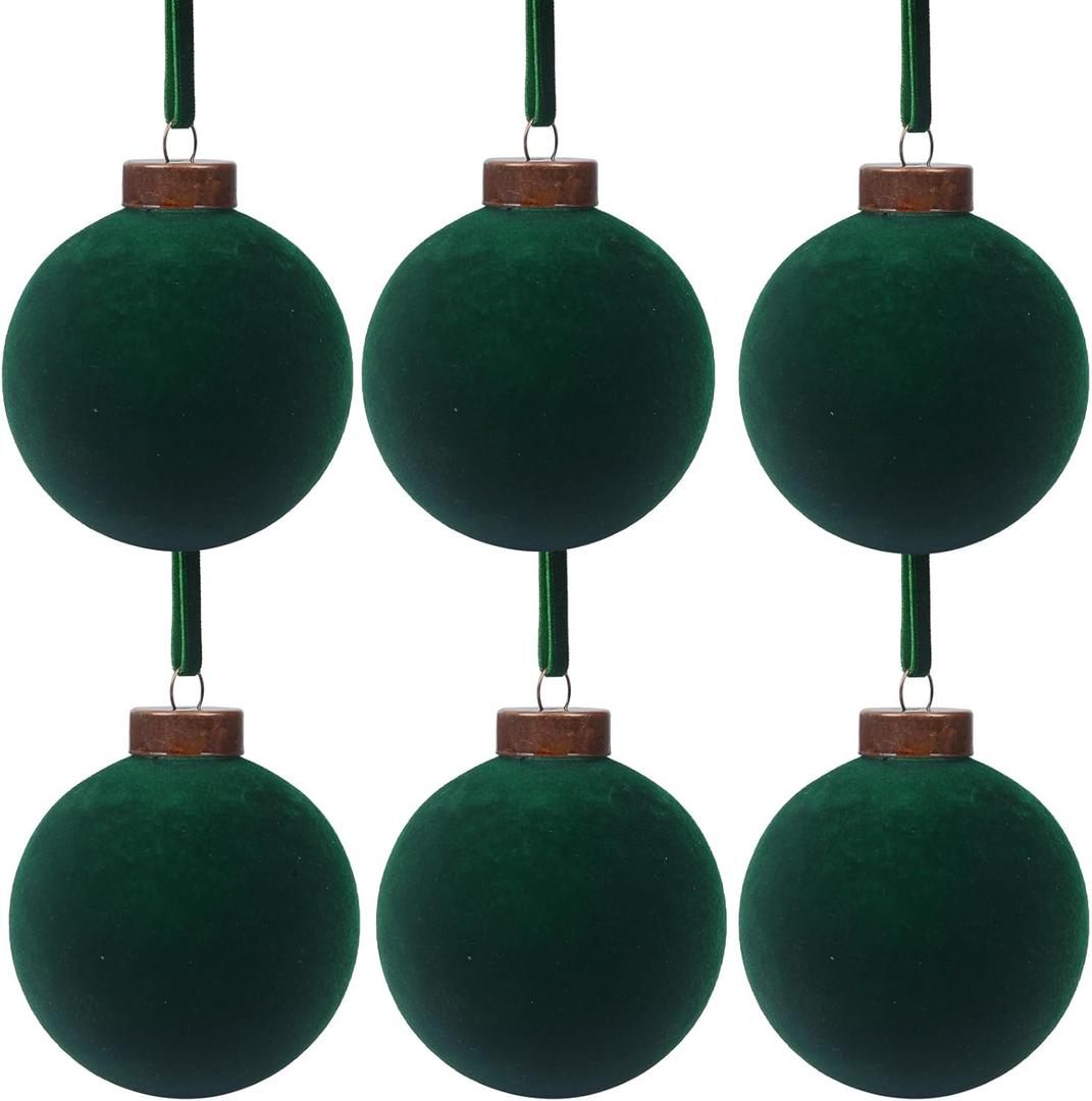 6 Pcs Velvet Christmas Balls Bulk Shatterproof Plastic Christmas Tree Decorations for Decorative Hanging Baubles (6, Blackish Green, 3.94Inch)