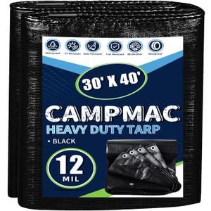 Black Tarps Heavy Duty Waterproof 30x40, 12 Mil Thick, High Durability, Rip and Tear Resistant with Metal Grommets Every 20 Inches