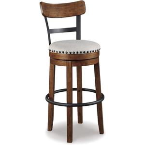 Signature Design by Ashley Valebeck | 30 Farmhouse Pub-Height Swivel Barstool With Back  Upholstered Cushion, Nailhead Trim, Metal & Wood Frame, Brown